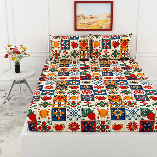 Loreto Cotton King Fitted Bedsheet | Red & Cobalt Blue Geometric