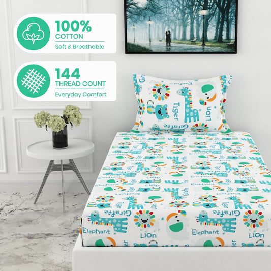 Aqua & Rainbow Animal 144 TC 100% Cotton Elastic Fitted Single Bedsheet with 1 Pillow Cover - 78 x 36 Inches