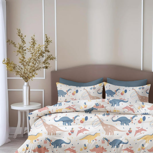 Coral Blue Dino Party Soft & Breathable 100% Cotton Flat King Bedsheet, 144 TC