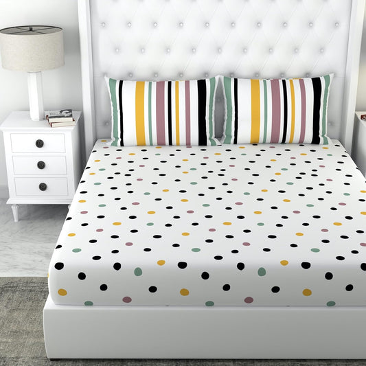 Lemon Drops with Black Dots Polka Dots 100% Cotton King Fitted Bedsheet, 144 TC