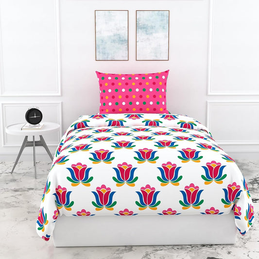 Loreto Cotton Single Bedsheet | Blue & Pink Red Lotus Floral Print