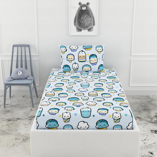 Loreto Cotton Single Fitted Bedsheet | Kawaii Pastel Sky 144 TC
