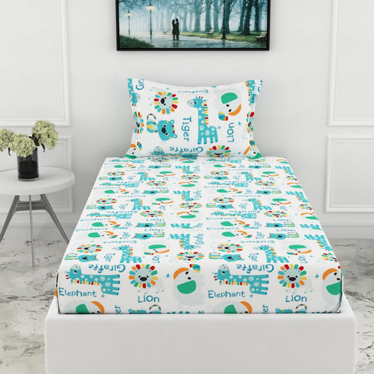 Aqua & Rainbow Animal 144 TC 100% Cotton Elastic Fitted Single Bedsheet with 1 Pillow Cover - 78 x 36 Inches