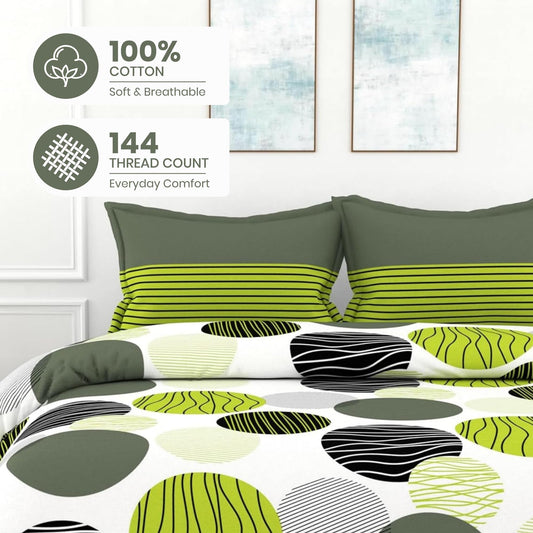 Olive Green and Grey Black Circle Geometric 100% Cotton Flat Double Bedsheet, 144 TC