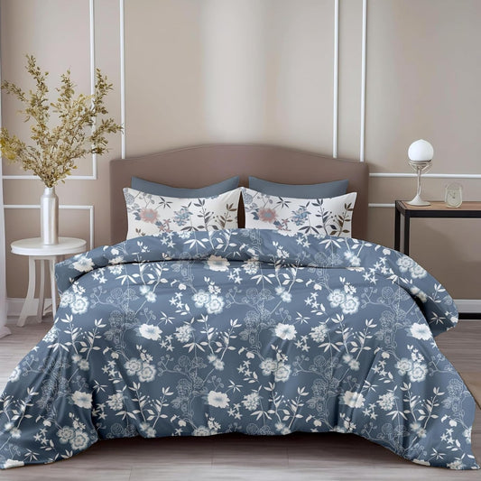 Loreto Cotton Double Bedsheet | Blush Blue Floral Vines Soft & Breathable