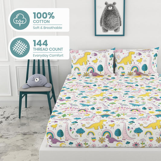 Rainbow Dino Fun & Deep Blue Olive Waves 100% Cotton Double Fitted Bedsheet with 2 Pillow Covers, 144 TC, 78 x 60 Inches