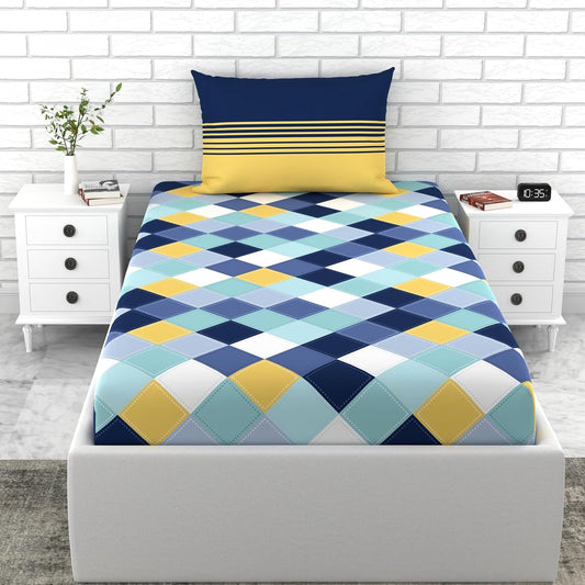 चमकीले नीले और पीले रंग की चेकर्ड 100% कॉटन सिंगल फिटेड बेडशीट, 144 TC