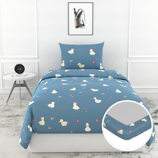Pastel Blue Duck Party 100% Cotton Elastic Fitted Bedsheet for Single Bed with 1 Pillow Cover | Soft & Breathable | 78 x 36 Inch, 144 TC