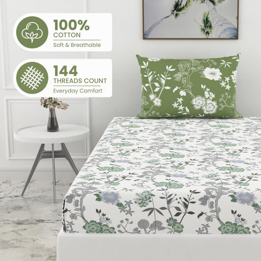 Loreto Sage Green Floral Harmony Single Fitted Bedsheet | 144 TC | 100% Cotton | Fits 72 x 36 Inches | 8 Inch Pocket