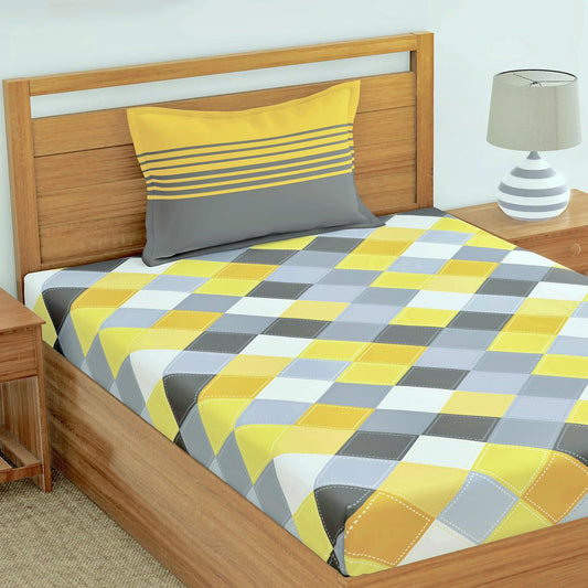Loreto Cotton Single Bedsheet | Yellow & Grey Checkered