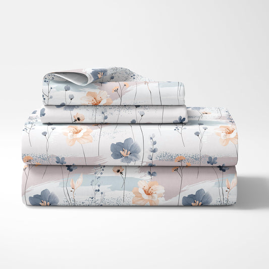 Blue & Peach Double Bedsheet - 210 TC 100% Cotton with 2 Pillow Covers (90 x 90 Inches)
