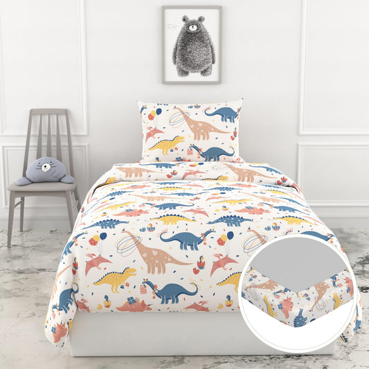 Coral Blue Dino Party 144 TC 100% Cotton Elastic Fitted Single Bedsheet with 1 Pillow Cover - 78 x 36 Inches
