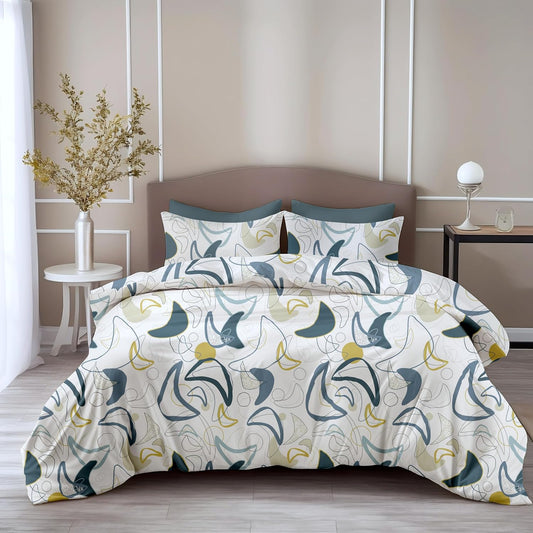 Loreto Cotton Double Bedsheet | Deep Blue & Olive Abstract Waves Soft & Breathable