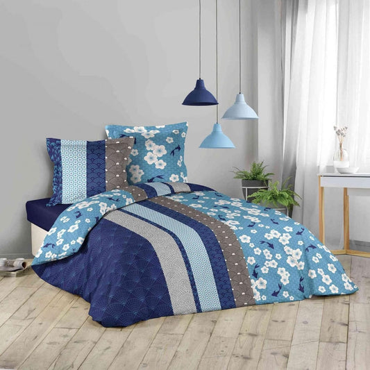 Blue Floral 100% Cotton Flat Double Bedsheet, 186 TC