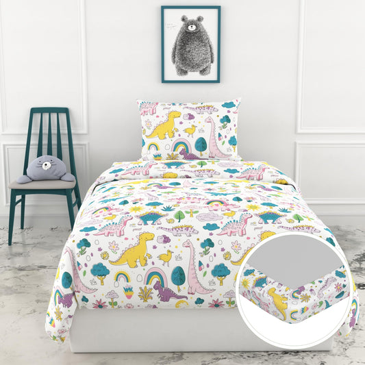 Rainbow Dino Fun 144 TC 100% Cotton Elastic Fitted Single Bedsheet with 1 Pillow Cover - 78 x 36 Inches