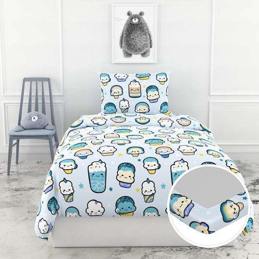 Loreto Cotton Single Fitted Bedsheet | Kawaii Pastel Sky 144 TC