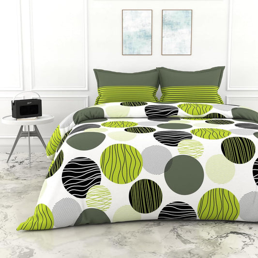 Loreto Cotton Double Bedsheet | Olive Green and Grey Black Circle Geometric