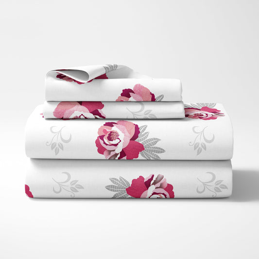 Wine & Pink Floral Double Bedsheet - 210 TC 100% Cotton with 2 Pillow Covers (90 x 90 Inches)