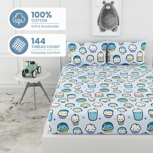 Playful Kawaii Pastel Drinks Print 100% Cotton Double Fitted Bedsheet, 144 TC, 78 x 60 Inches