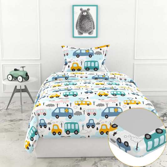 Loreto Cotton Single Fitted Bedsheet | Bubblegum Blue Bus & Banana Yellow Cars