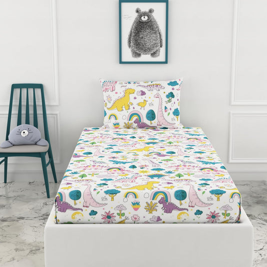 Loreto Cotton Single Fitted Bedsheet | Rainbow Dino Fun 144 TC