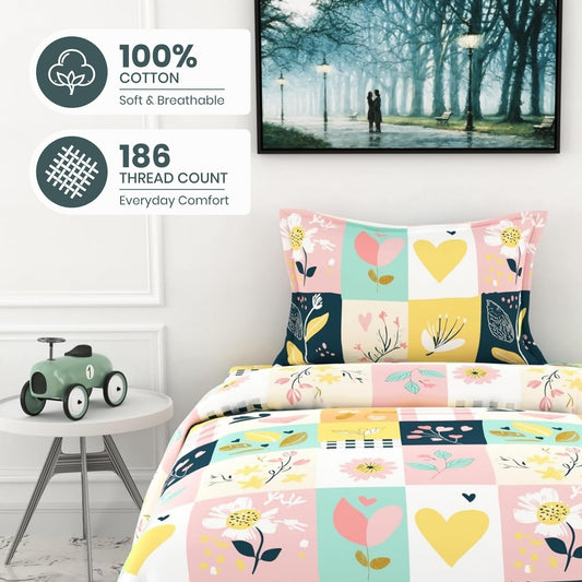 Pastel Garden 100% Cotton Single Bed Bedsheet with Pillow Cover | 186 TC Percale Weave | Soft, Durable & Breathable Flat Sheet 58 x 88 Inches