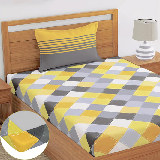 Loreto Cotton Single Fitted Bedsheet | Yellow & Grey Checkered