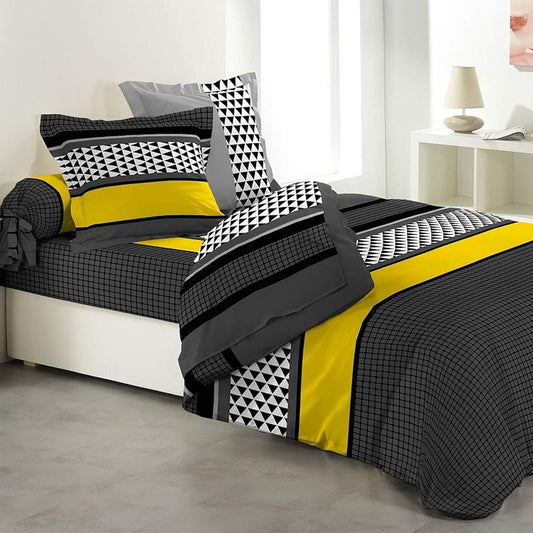 Stone Gray and Yellow 100% Cotton Flat Double Bedsheet, 144 TC