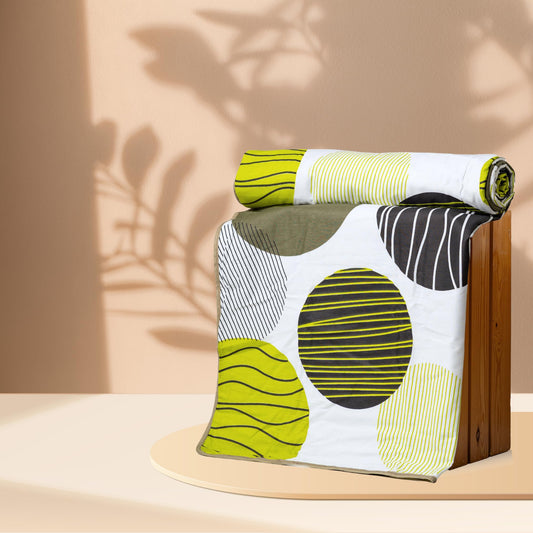 Olive Green & Black Circles 100% Cotton Reversible Single Bed Blanket | Lightweight & Soft AC Dohar | Breathable for All Seasons | 54 x 84 Inches