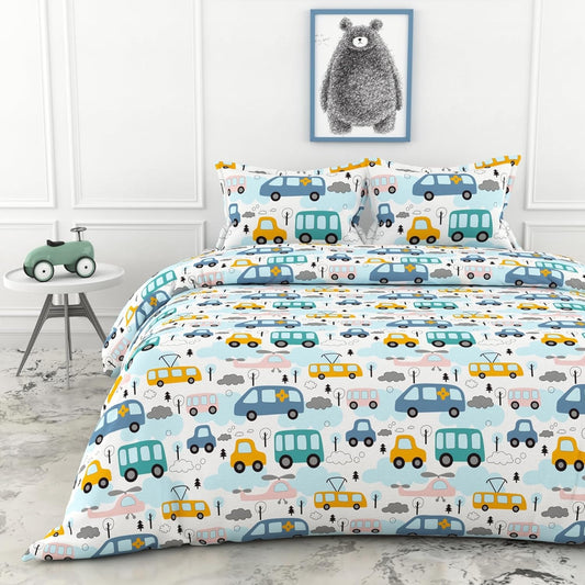 Loreto Cotton King Bedsheet | Bubblegum Blue Bus & Banana Yellow Cars