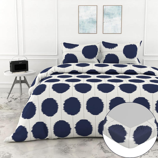 Loreto Cotton King Fitted Bedsheet | Navy Haze Big Polka Dots