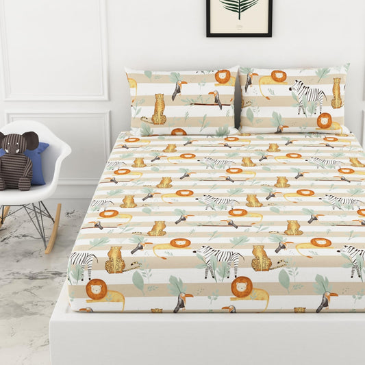 Loreto Cotton Double Fitted Bedsheet | Adventure Jungle Beige & Green