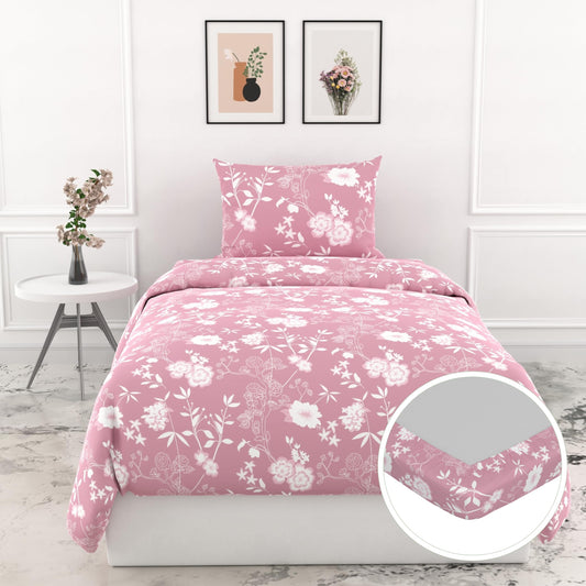Pink Vine Blooms 144 TC 100% Cotton Elastic Fitted Single Bedsheet with 1 Pillow Cover - 78 x 36 Inches