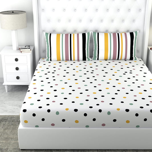 Loreto Cotton King Bedsheet | Lemon Drops with Black Dots Polka Dots Soft & Breathable