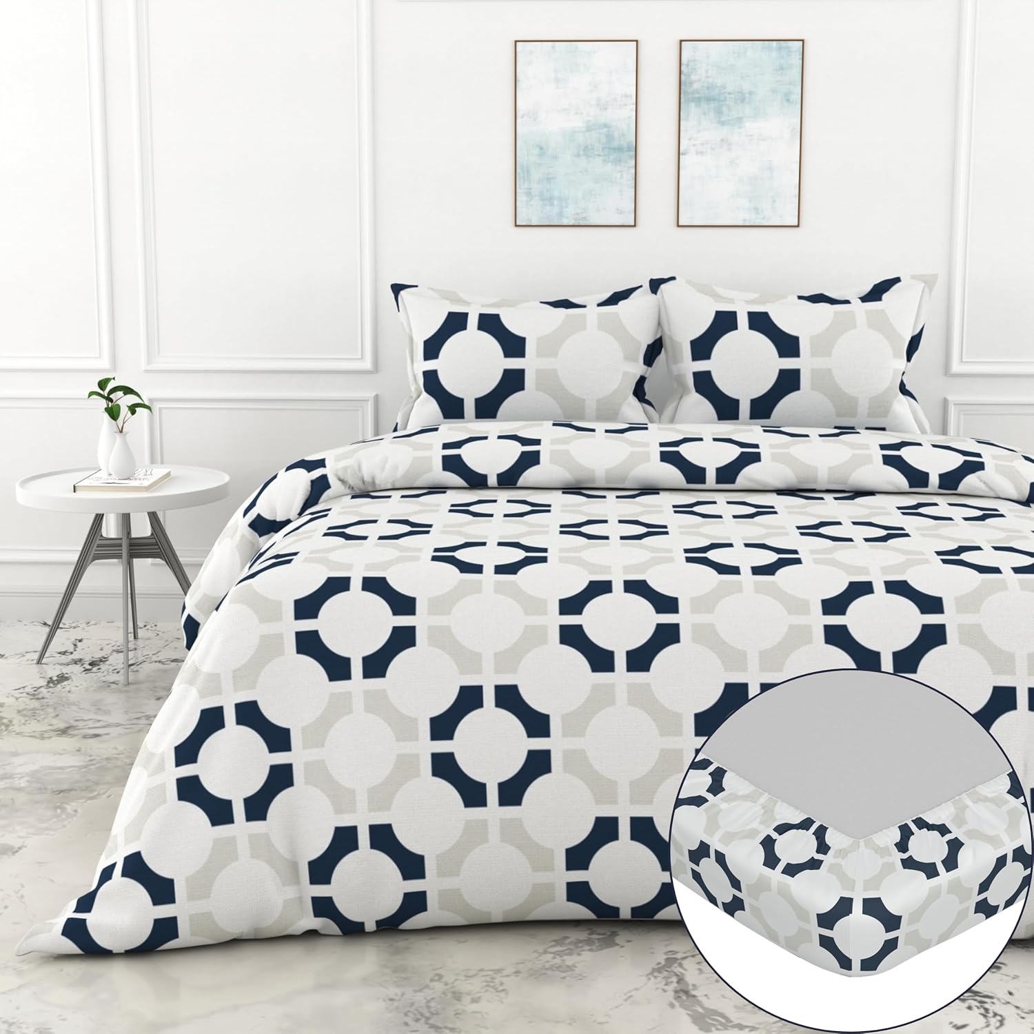 Loreto Cotton Double Fitted Bedsheet Colonial Blue Matrix