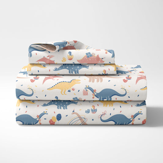 Loreto Cotton Single Fitted Bedsheet | Coral Blue Dino Party 144 TC