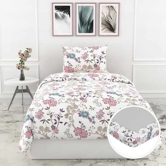 Pink & Teal Floral 144 TC 100% Cotton Elastic Fitted Single Bedsheet with 1 Pillow Cover - 78 x 36 Inches