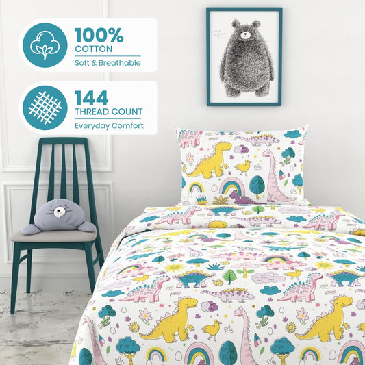 Rainbow Dino Fun Soft & Breathable 100% Cotton Flat Single Bedsheet, 144 TC