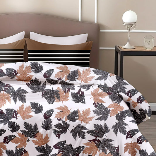 Frosted Charcoal Leaf Pattern 100% Cotton Double Bedsheet with 2 Pillow Covers, 144 TC, 88 x 90 Inches