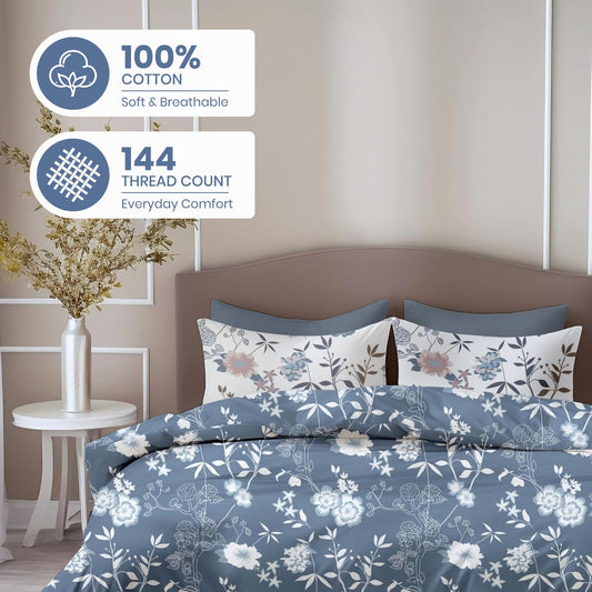 Blush Blue Floral Vines Soft & Breathable 100% Cotton Flat Double Bedsheet, 144 TC