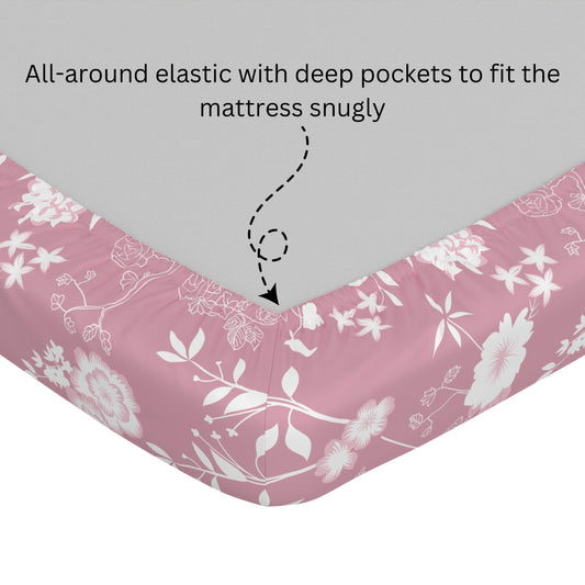 Soft Pink Florals 144 TC 100% Cotton Elastic Fitted Single Bedsheet with 1 Pillow Cover - 78 x 36 Inches