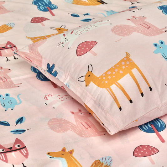 Peach Baby Animals 144 TC 100% Cotton Single Bedsheet for Kids with 1 Pillow Cover - 54 x 84 Inches