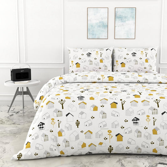 Loreto Cotton King Bedsheet | White Kids House Drawing Design Soft & Breathable