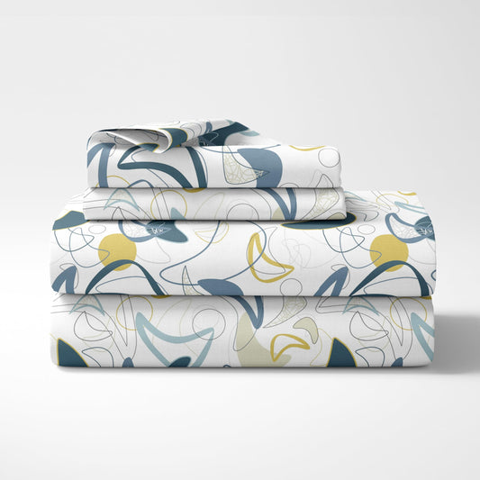 Loreto Cotton Double Fitted Bedsheet | Blue & Olive Waves