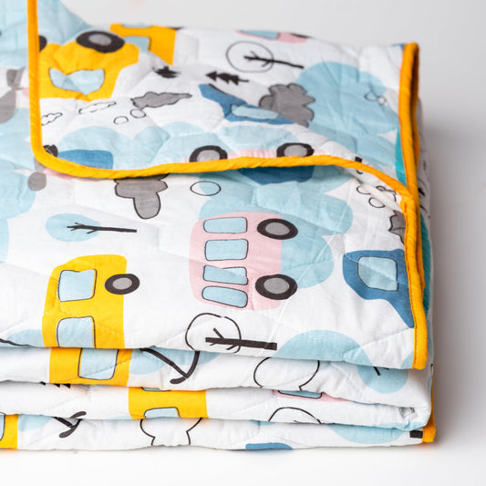 Bubblegum Blue & Bus Yellow Cars 100% Cotton Reversible Comforter for Single Bed | 150 GSM Lightweight Winter Quilt | AC Blanket 54" x 84"
