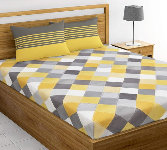Loreto Cotton King Bedsheet | Yellow & Grey Checkered