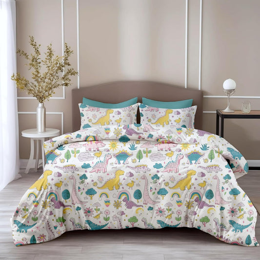 Loreto Cotton King Bedsheet | Rainbow Dino Fun Soft & Breathable