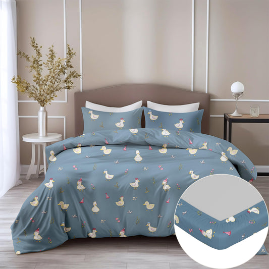 Loreto Cotton King Fitted Bedsheet | Pastel Blue Duck Party