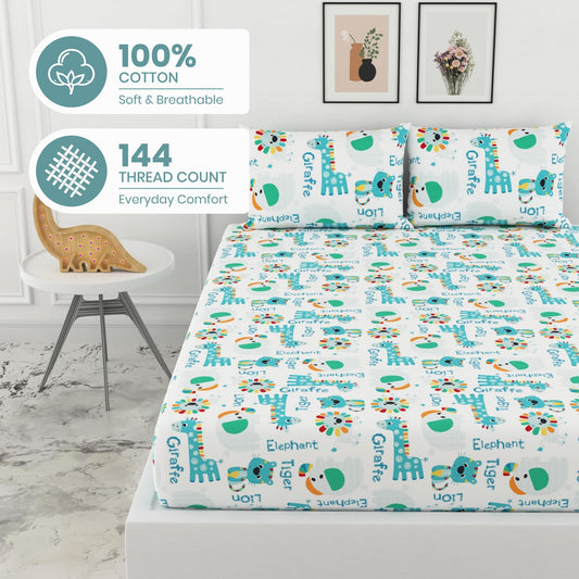 Rainbow Animal Parade 100% Cotton Double Fitted Bedsheet with 2 Pillow Covers, 144 TC, 78 x 60 Inches
