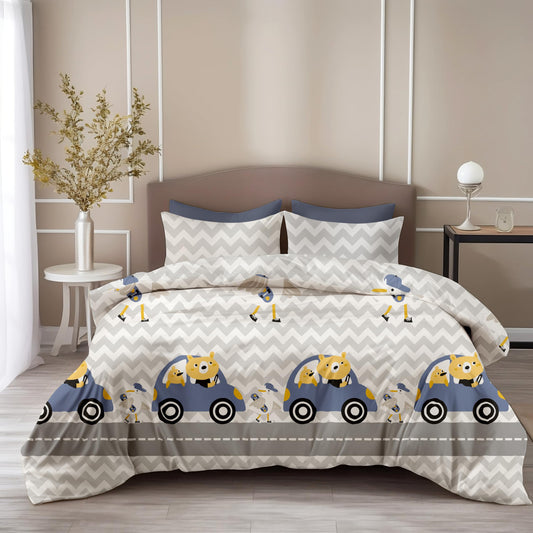 Loreto Cotton Double Bedsheet | Grey Chevron Bear Car Ride 186 TC Cotton , 90 x 90 Inches - Soft Percale Weave with 2 Covers, Durable & Breathable